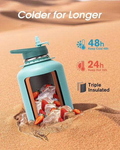 Coolflask Insulated Water Bottle - 64 oz Half Gallon Jug with Straw & Spout Lids | Keeps Drinks Cold for 48h, Hot for 24h, Leak Proof, Non-BPA, Agate Green