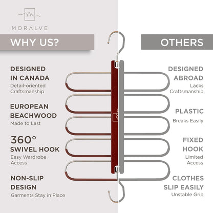 MORALVE Pants Hangers - Space-Saving Beechwood Scarf & Jean Rack | 2-Pack with 360° Swivel Hook