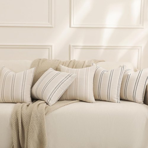 Hckot Throw Pillow Covers - Set of 2 Textured Linen Striped Decorative Cushions | 20x20 Inches, Grey