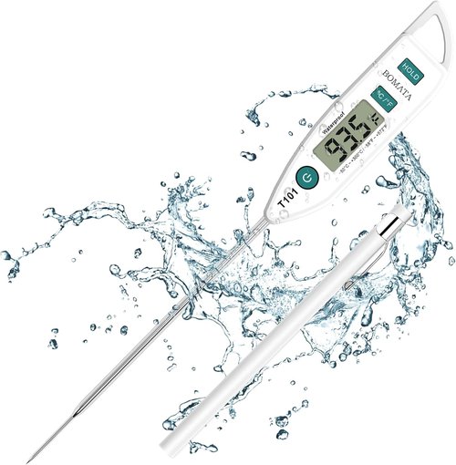BOMATA Waterproof IPX7 Instant Read Food Thermometer - Long Probe for Cooking, Meat & BBQ | T101 White