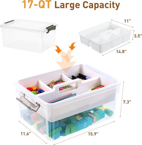 Citylife 17 QT Clear Plastic Storage Bin - Stackable Latching Box with Removable Tray | Orange