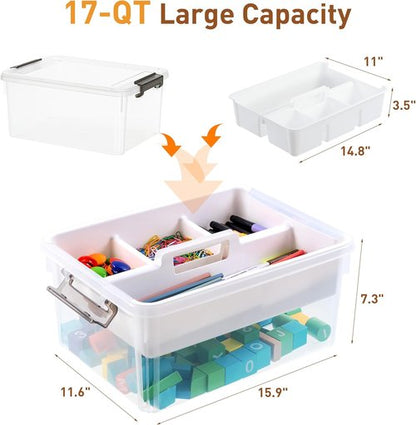 Citylife 17 QT Clear Plastic Storage Bin - Stackable Latching Box with Removable Tray | Orange