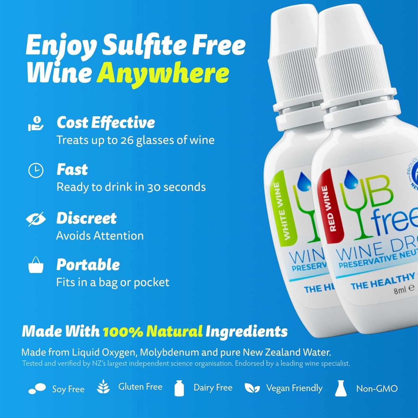 UBfree Wine Drops - 2pk Red & White - Removes Sulfites and Histamines from Red and White Wines | Naturally Eliminate Wine Headaches Sensitivities and Allergies | Odorless Tasteless | Discrete Portable