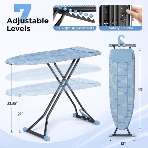 KINGBOARD Compact Ironing Board - Heat Resistant Cover, 7 Height Adjustable, Foldable | 13x43 Blue