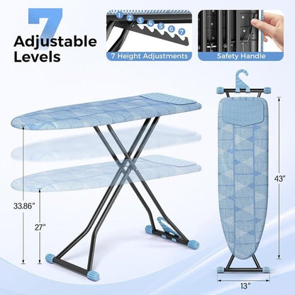 KINGBOARD Compact Ironing Board - Heat Resistant Cover, 7 Height Adjustable, Foldable | 13x43 Blue