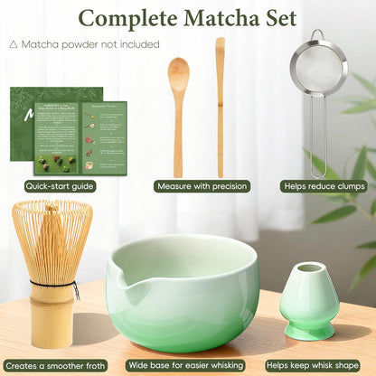 Skiennix Matcha Whisk Set - Complete 6PCS Ceramic Kit with Bowl, Bamboo Whisk, Scoop & Sifter - Green