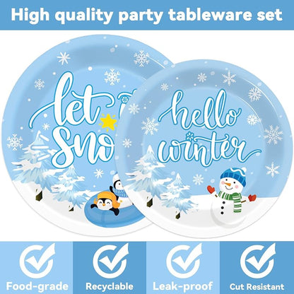 Let It Snow Winter Party Dinnerware Set 96 PCS - Plates, Napkins & Forks with Snowman Penguin