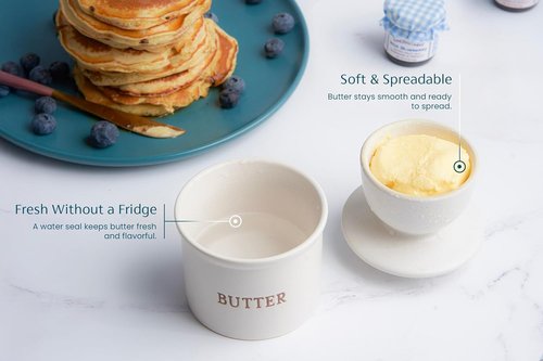 Kook Butter Keeper Dish - French Ceramic Crock with Lid for Soft Butter | Matte Oatmeal, Perfect Holiday Gift