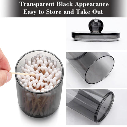 Skiennix Cotton Buds Dispenser - Clear Black Round Holder Set | 10 oz Apothecary Jar for Bathroom Storage