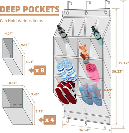 Storage Maniac Over Door Shoe Organizers - 12 Pocket Hanging Shoe Rack for Dorms & Closets | Grey