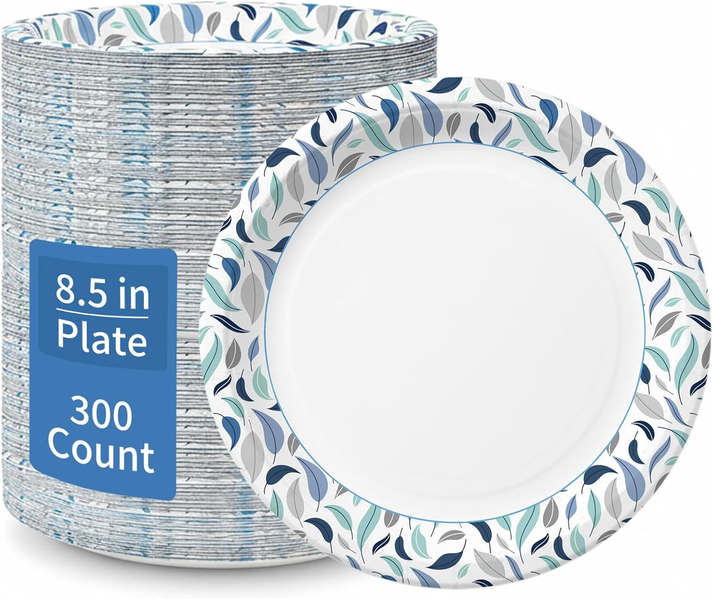OuMuaMua 8.5 Inch Disposable Paper Plates - 300 Count, Soak Proof & Microwave Safe for Everyday Meals