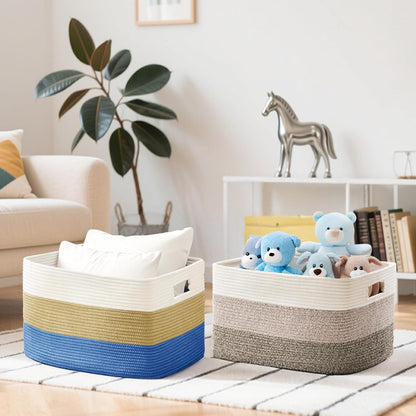 Skiennix Cotton Rope Basket - Large 72L Woven Storage for Blankets, Laundry, Toys | White & Dark Blue