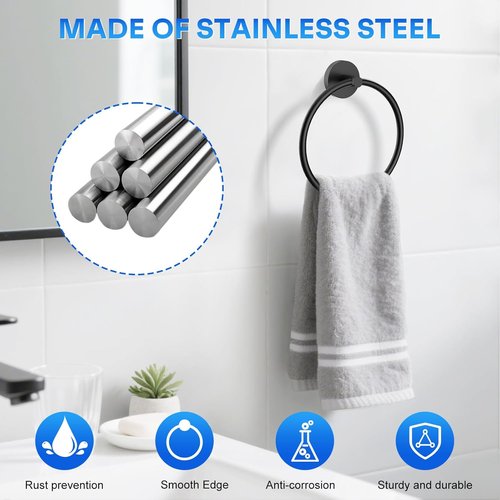 Matte Black Hand Towel Holder - Stainless Steel Round Towel Ring for Bathroom Wall
