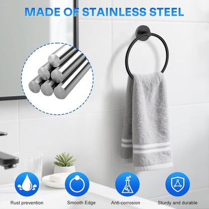 Matte Black Hand Towel Holder - Stainless Steel Round Towel Ring for Bathroom Wall