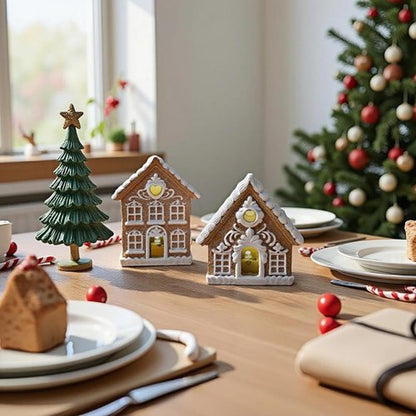 Braxio Gingerbread House Kit - 2PCS Miniature LED Light Decor for Indoor Home Aesthetic - 3 Inch