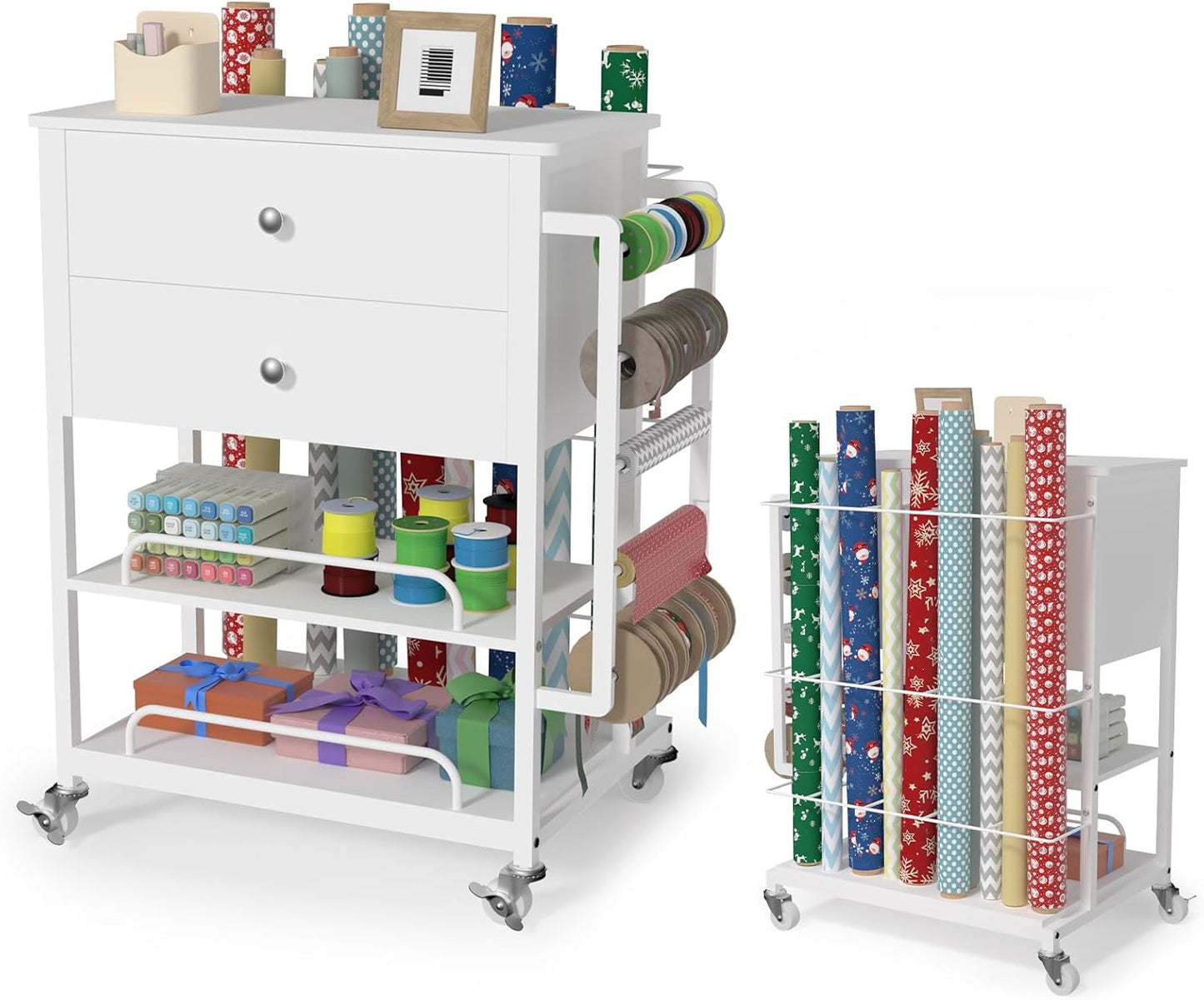 Skiennix Wrapping Paper Organizer - Craft Cart with Ribbon & Gift Bag Storage | 2 Wooden Drawers, White