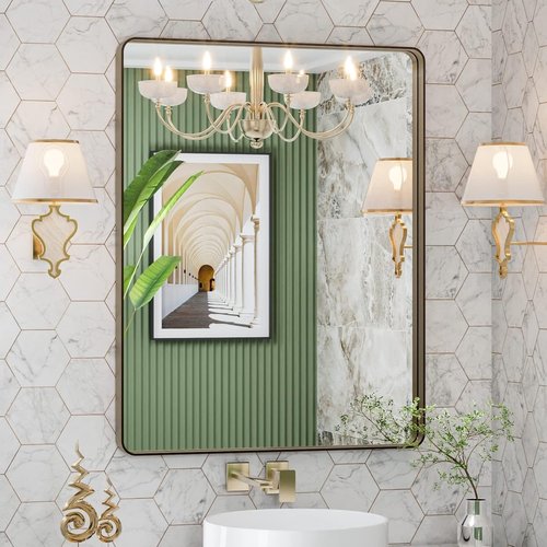 LOAAO Bronze Bathroom Mirror - 28”x36” Rounded Rectangle Design with Anti-Rust Brushed Metal Frame | Versatile Horizontal/Vertical Hanging