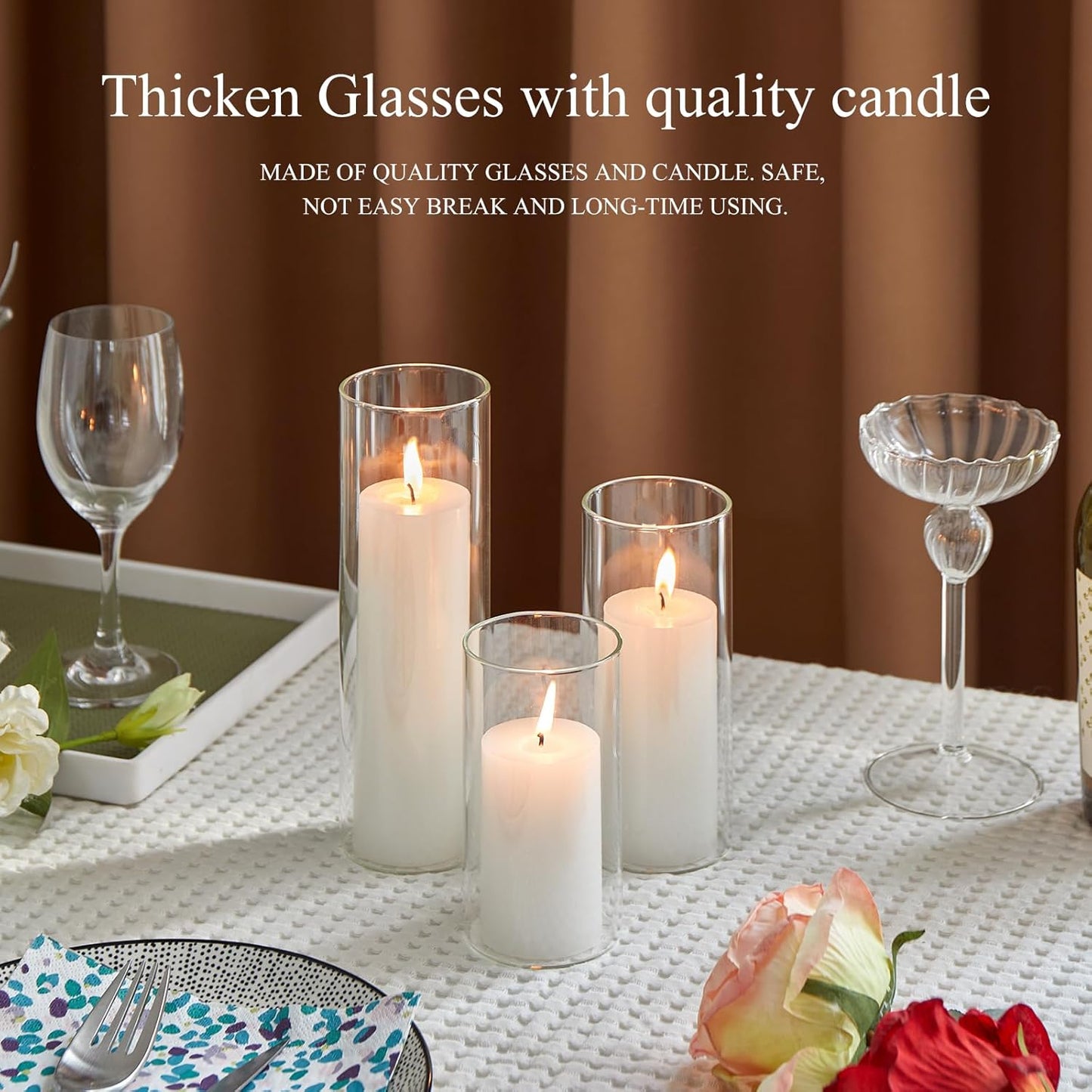 Regine Switzerland Set of 6 White Pillar Candles - Elegant Glass Hurricane Holders for Weddings & Home Decor