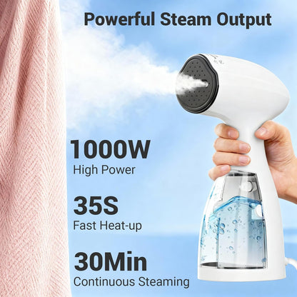 Skiennix Handheld Clothes Steamer - Fast Wrinkle Removal, 450 ML Tank, 10 FT Cord, 1000W, White