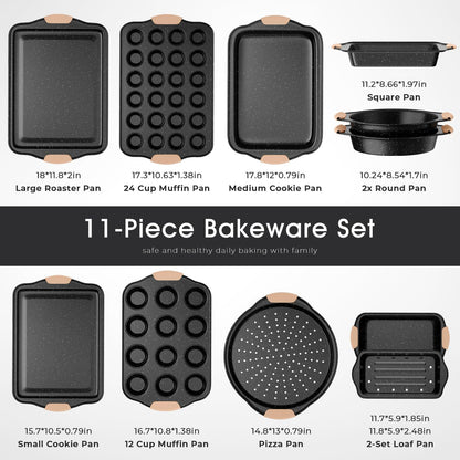 Skiennix 11-Piece Nonstick Baking Pans Set - Versatile Bakeware with Silicone Handles | Khaki & Black