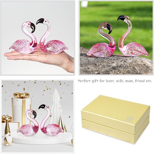 LONGWIN Handmade Art Glass Flamingo Figurines - Hand Blown Collectible Sculptures for Home & Wedding Decor (2 Pcs)