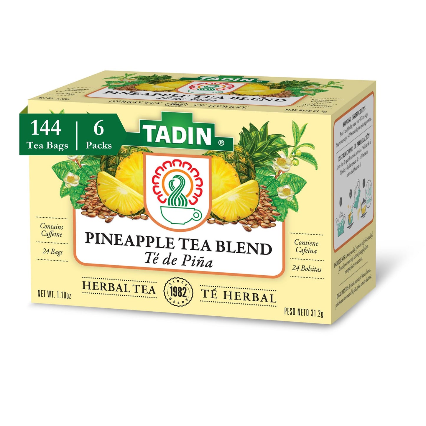 Tadin Pineapple Tea Blend, Herbal Tea, Contains Caffeine, Tea Bags Individually Wrapped, Herbal Tea Bags Best as Hot Tea and Iced Tea, 24 Tea Bags Per Box, Pack of 6