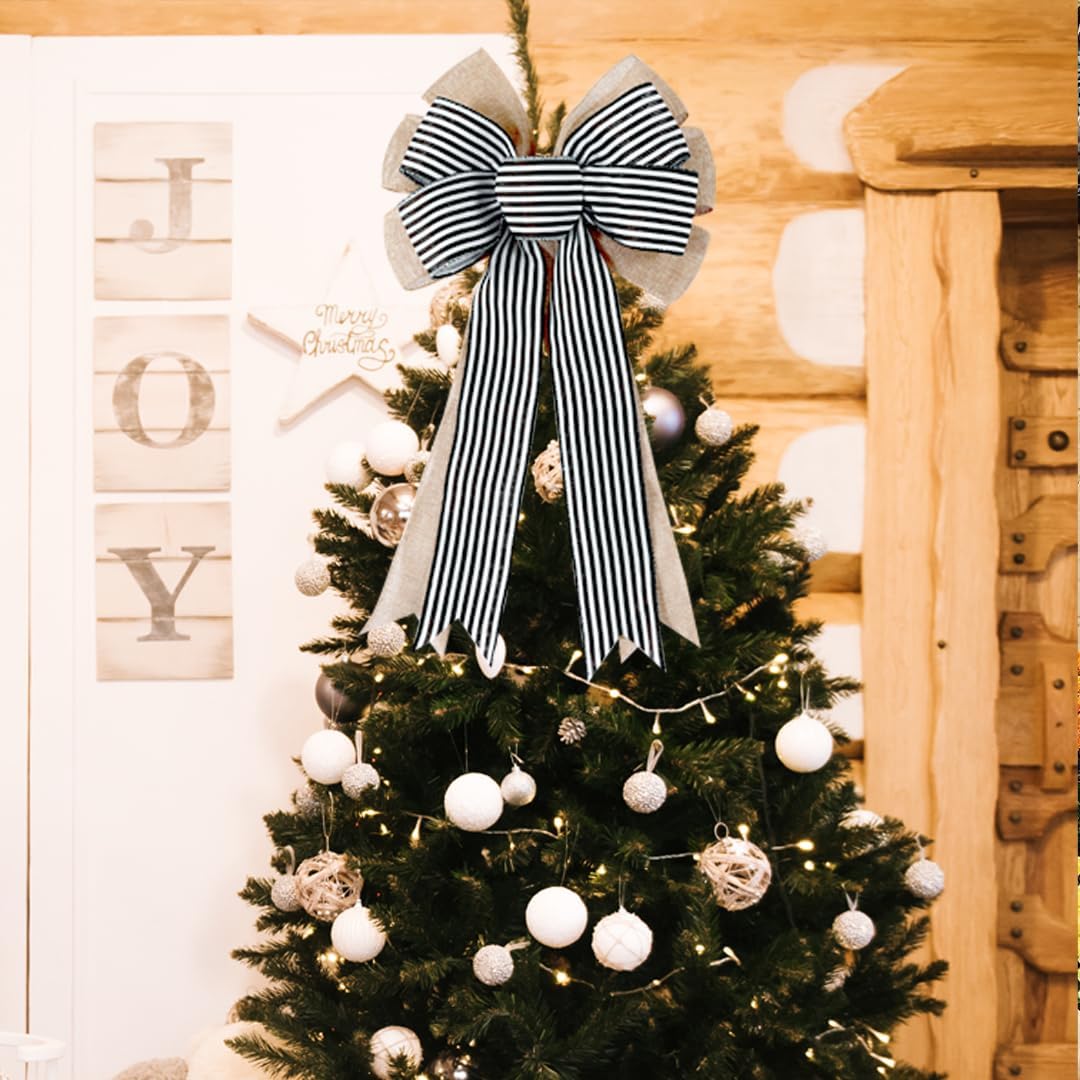 Regine Switzerland 2-Pack Black & White Stripe Burlap Fall Bows - Rustic Wreath Decorations for Home & Events