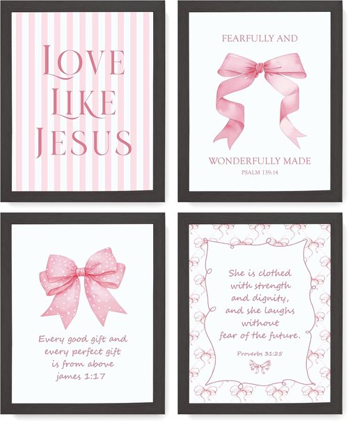 LARTSFRO Coquette Pink Bow Wall Art Decor - Inspirational Bible Verses | Set of 4, 10x8 Inch for Teen Girls