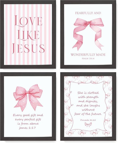 LARTSFRO Coquette Pink Bow Wall Art Decor - Inspirational Bible Verses | Set of 4, 10x8 Inch for Teen Girls