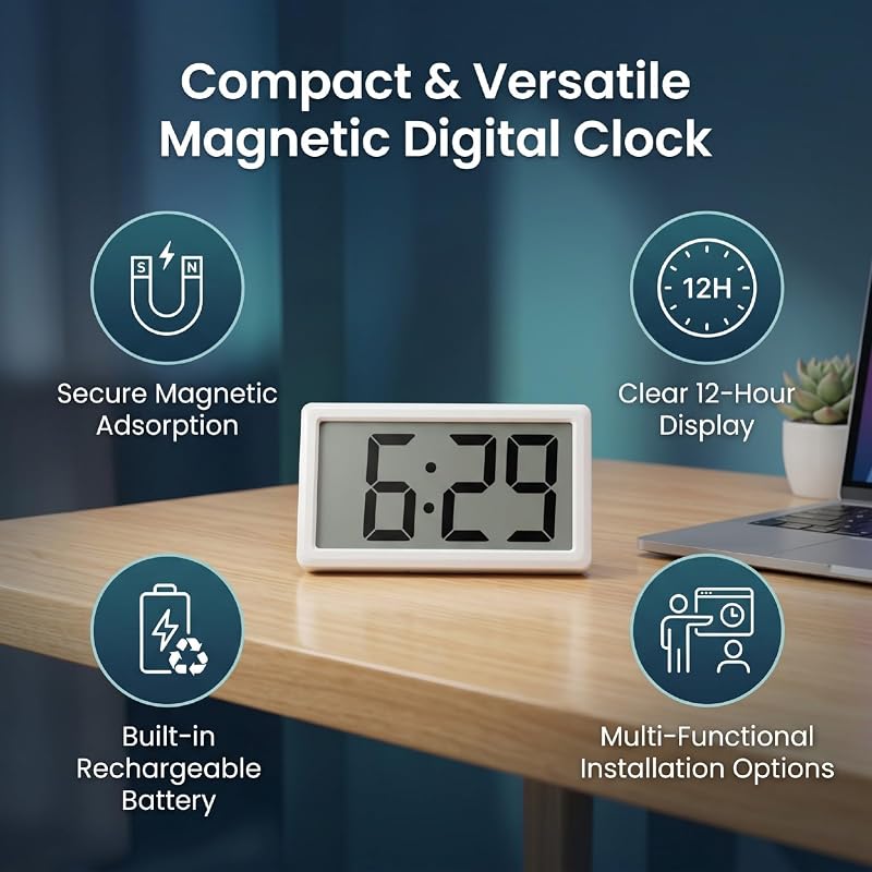 Mini Digital Clock - White, Battery Powered, 3.3in Display, Desktop & Magnetic Mount