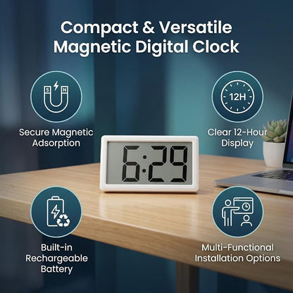 Mini Digital Clock - White, Battery Powered, 3.3in Display, Desktop & Magnetic Mount