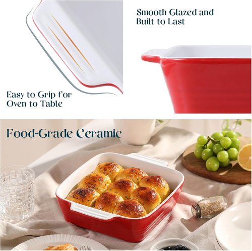 DOWAN 8x8 Ceramic Baking Dish - Versatile Square Casserole Pan for Brownies & Lasagna | 2 Quart, Red