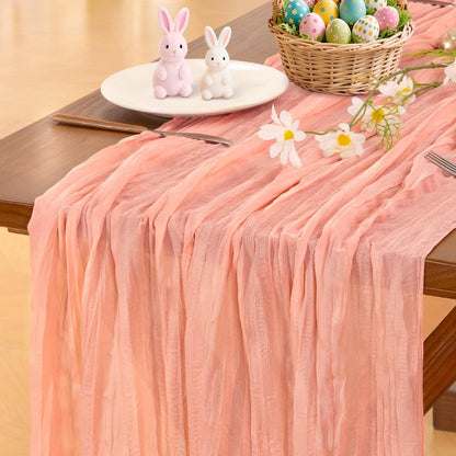 Socomi Cheesecloth Table Runner - Coral Peach Boho Rustic Design | 120 Inch for Weddings & Events