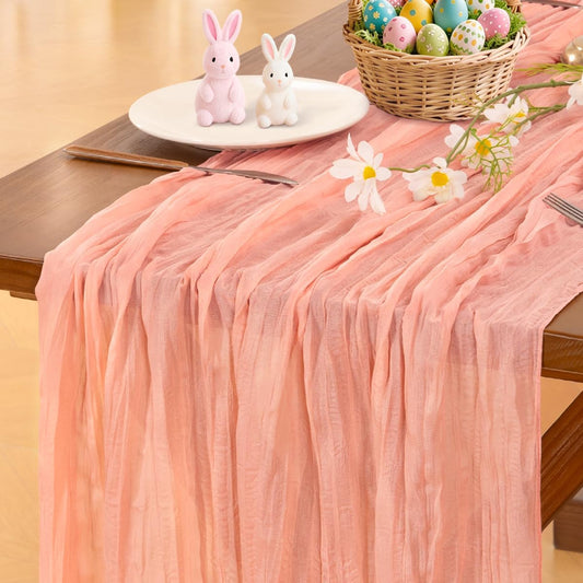 Socomi Cheesecloth Table Runner - Coral Peach Boho Rustic Design | 120 Inch for Weddings & Events