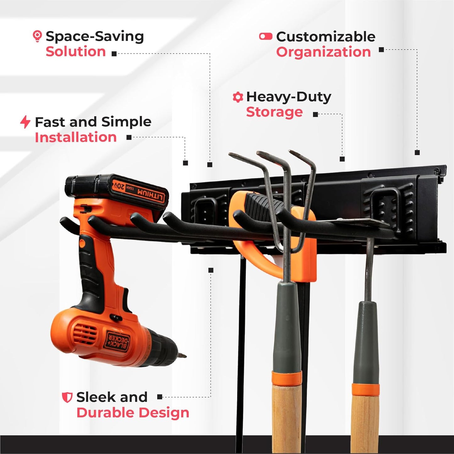 TIDYME Garage Tool Organizer Wall Mount - Sturdy 80-Inch Storage Rack with Adjustable Hooks | 500lbs Capacity