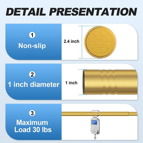 CorkLatta Gold Shower Curtain Rod 31 to 68 Inch,1 Inch Diameter Adjustable Spring Tension Stainless Steel Telescoping Rod,Easy Install,No Rust