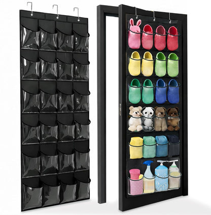 Over The Door Shoe Organizer - Space-Saving Rack with 24 Clear Pockets & Metal Hooks | Black