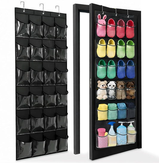 Over The Door Shoe Organizer - Space-Saving Rack with 24 Clear Pockets & Metal Hooks | Black