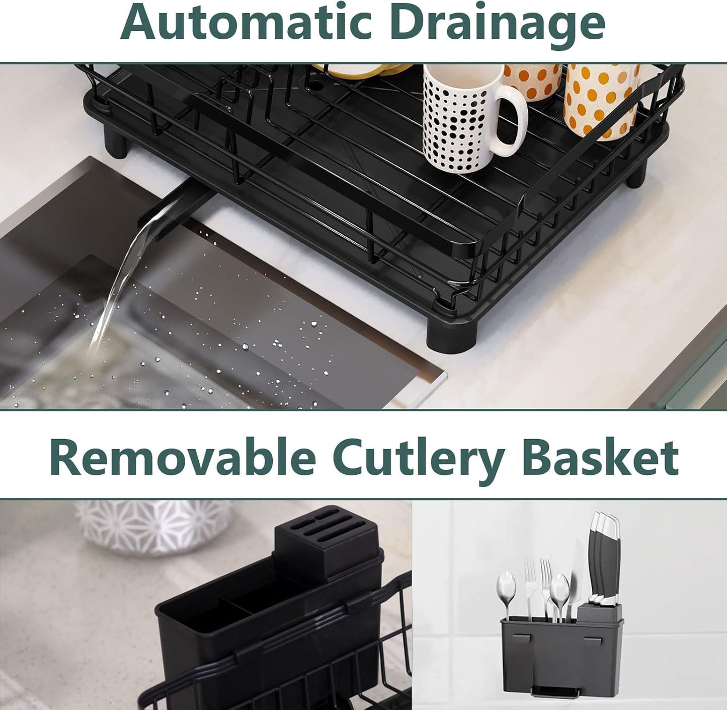Skiennix Iron Dish Drying Rack - Extendable Kitchen Counter Drainer with Utensil Holder & Knife Slots, Black
