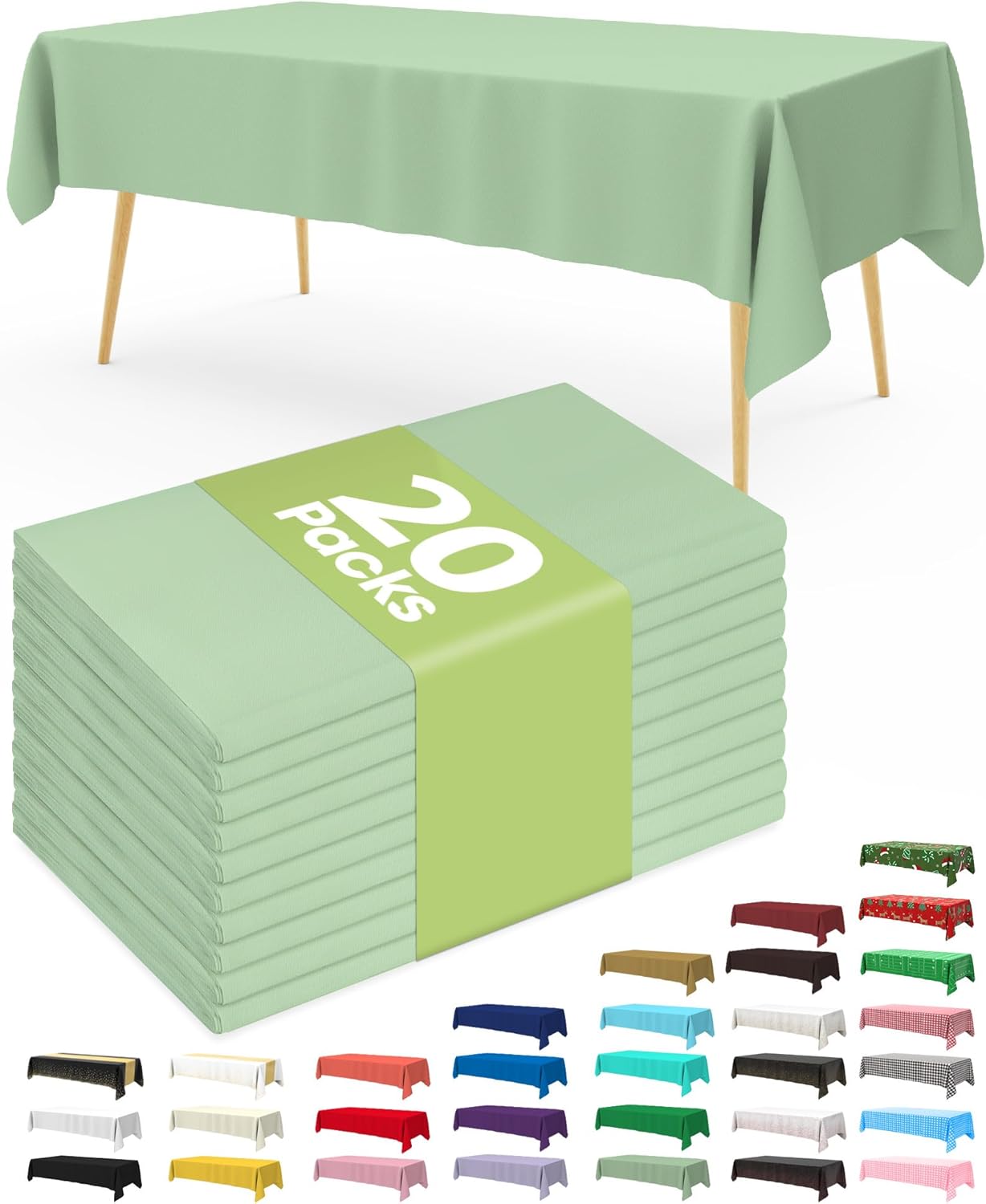 Pureegg Disposable Plastic Table Cloths - 20 Pack, 54 x 108 Inch, Leakproof Sage Green for Easter Parties
