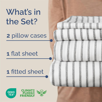 Skiennix Queen Size 4-Piece Sheet Set - Comfy Breathable Cooling Bedding - Soft Wrinkle-Free Grey Stripes