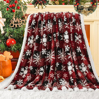 Twin Size Christmas Sherpa Blanket - Soft Flannel Fleece with Holiday Snowflake Design