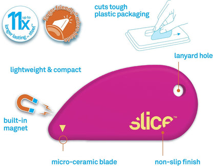 Slice Micro Safety Cutter - Safe Ceramic Box Cutter Lasts 11X Longer Than Metal | Keychain Opener | 2 Pack | Fuchsia