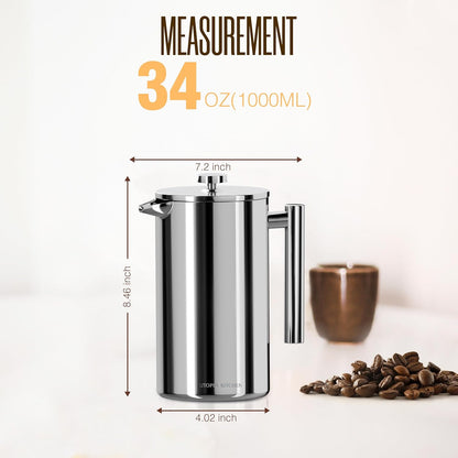 Utopia Kitchen 34 Oz Stainless Steel French Press Coffee Maker - Double Wall Insulated, 4-Level Filtration, Rust-Free, Dishwasher Safe