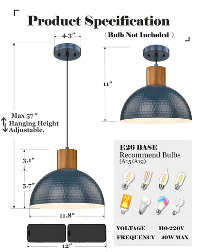 ELYONA Modern Pendant Light Fixtures with 12" Hammered Metal Shade Solid Wood Dome Hanging Pendant Light for Farmhouse Kitchen Island Dining Room Sink Bedroom Hallway Medium 2 Pack Blue