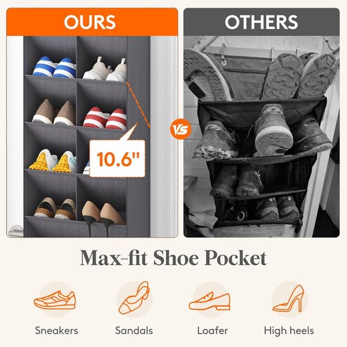 Lifewit 6-Tier Over The Door Shoe Organizer - 11 Deep Pockets for Up to 12 Pairs - Gray Fabric Storage Solution