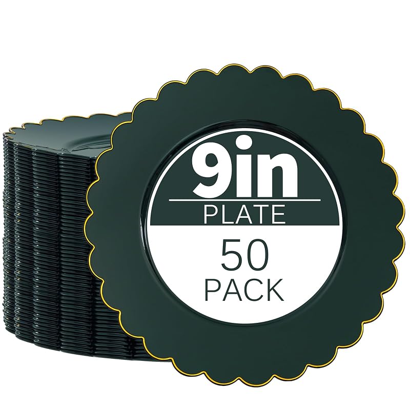 Green Gold 9 Inch Heavy-Duty Christmas Plates - Disposable Scalloped Plastic (Variation: Green Gold)