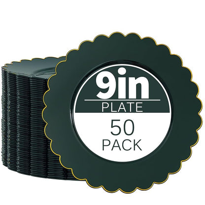 Green Gold 9 Inch Heavy-Duty Christmas Plates - Disposable Scalloped Plastic (Variation: Green Gold)