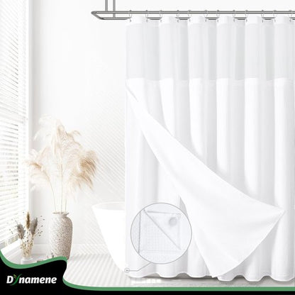 Dynamene Extra Long Shower Curtain, 84 Inch Long Waffle Fabric Shower Curtain for Bathroom, Tall Waterproof Cloth Shower Curtain Liner Set with Hook, Snap in Liner, Mesh Top Window, White, 72x84