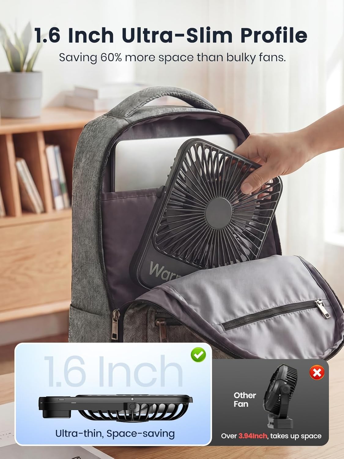 Warmco 10000mAh Portable Travel Fan - 7-Inch, Ultra-Thin, Quiet Design with 24H Runtime | Ideal for Camping, Office, Bedroom